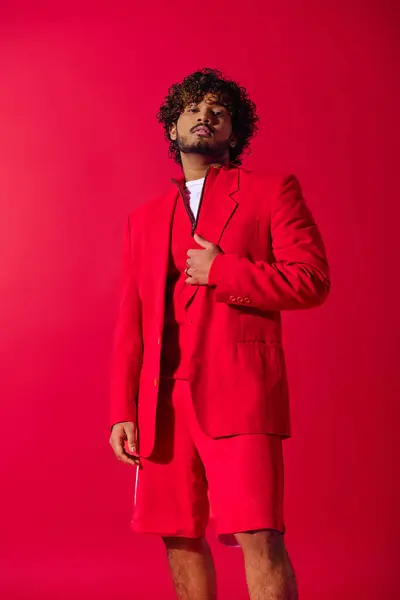 Stylish Young Indian Man Red Suit Strikes Pose Vibrant Backdrop — Stock fotografie