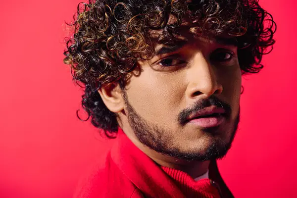Close Handsome Young Indian Man Curly Hair Intense Gaze Posing — Stock Photo, Image