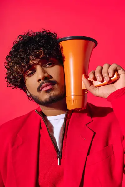 Young Indian Man Red Jacket Holding Megaphone His Face — Stock Photo, Image