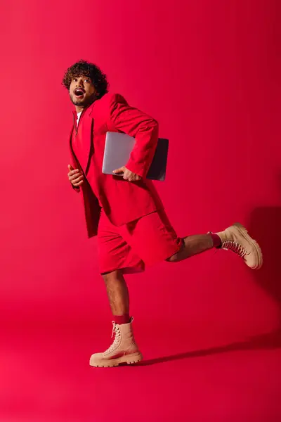 Handsome Young Indian Man Vibrant Red Suit Working Laptop — Photo
