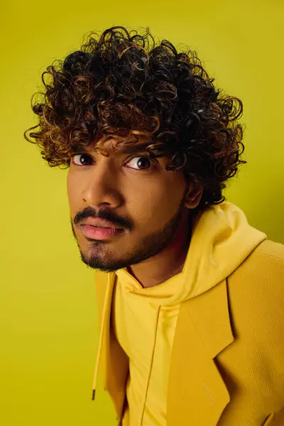 年轻英俊的印度男子 卷曲的头发 穿着鲜艳的黄色衬衫摆姿势 — 图库照片