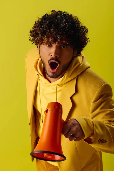 stock image Young man in yellow hoodie holding red and orange megaphone against vivid backdrop.