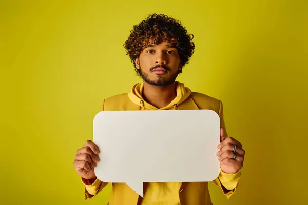 Young Indian Man Yellow Hoodie Holding Speech Bubble Vivid Backdrop — 图库照片