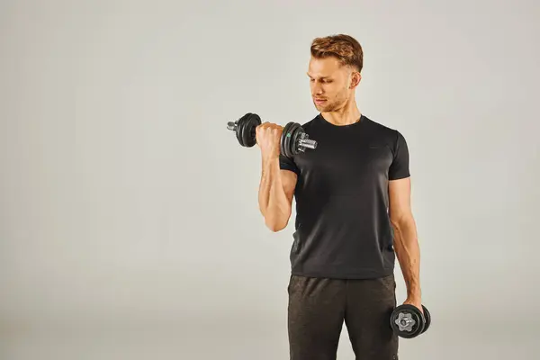 Young Sportsman Active Wear Lifting Dumbbells Studio White Background — Foto Stock