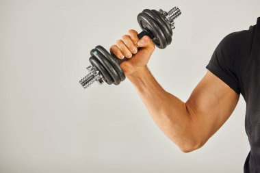 Aktif çalışan genç bir sporcu bir çift dambılı kavrayıp gri arka plan stüdyosundaki antrenmanına odaklanıyor..