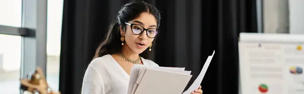 Stylish Indian Woman Glasses Holds Folder Front Window — Stock Photo, Image