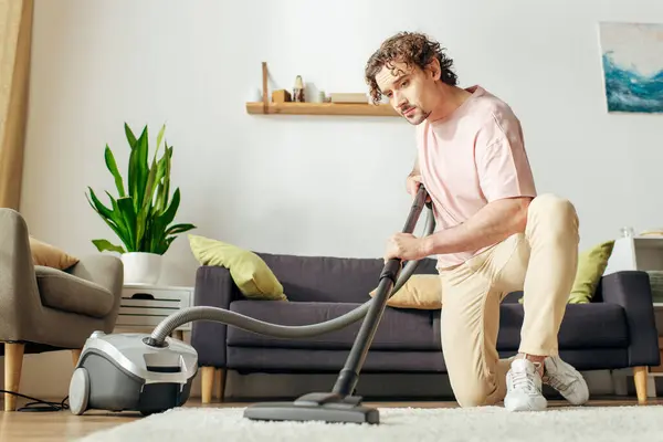 Stock image A man in cozy homewear peacefully vacuums a living room.