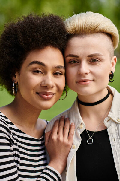 Two young women, posing elegantly in a vibrant park setting.