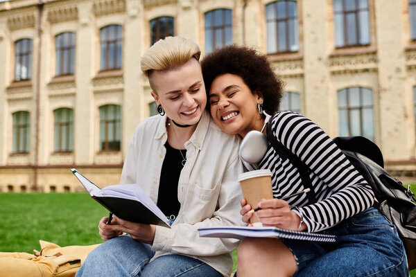 Две женщины счастливо погружаются в книгу, сидя на пышной зеленой траве.