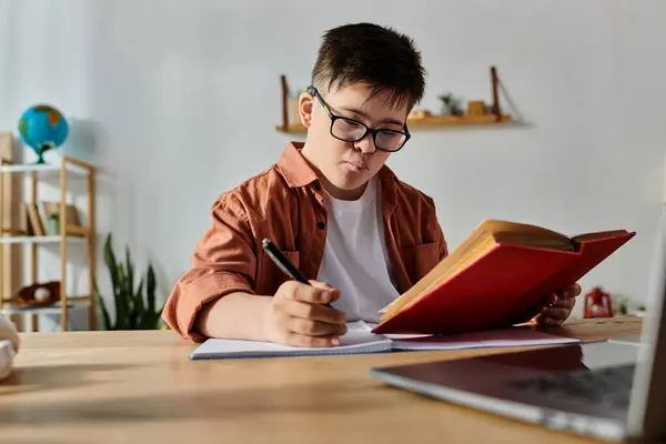 Boy Syndrome Sits Desk Laptop Book — Foto de Stock