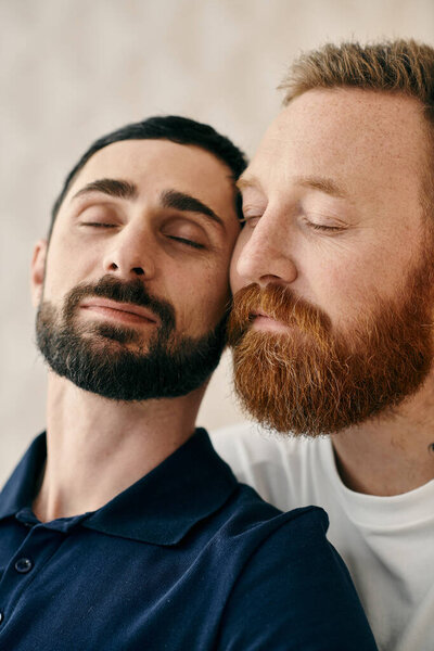 Two men with beards hugging each other in a warm embrace, expressing deep connection and love in a modern living room.