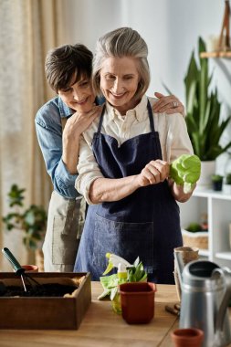 Yaşlı ve genç kadınlar mutfakta birbirlerine yardım ediyorlar..