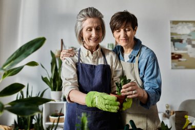 Two women in aprons care for a potted plant together. clipart