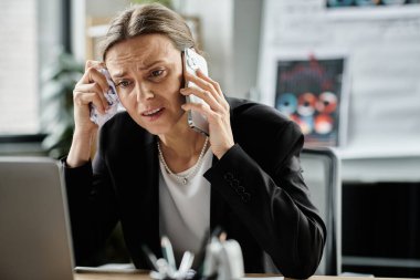 Middle-aged woman multi-tasking on phone and laptop in office setting.