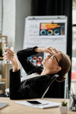 Middle-aged woman in business suit relaxing in front of computer screen, depression. clipart