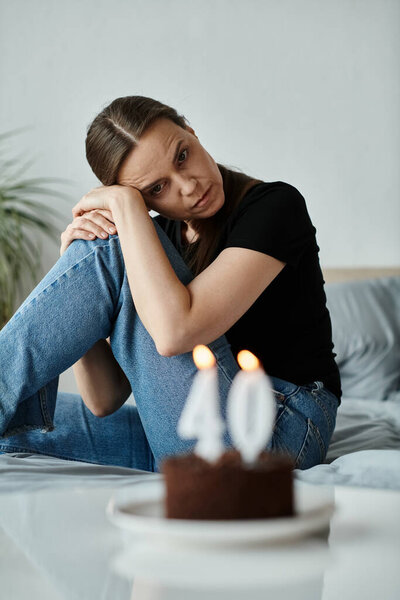 Middle-aged woman sitting on bed with birthday cake.