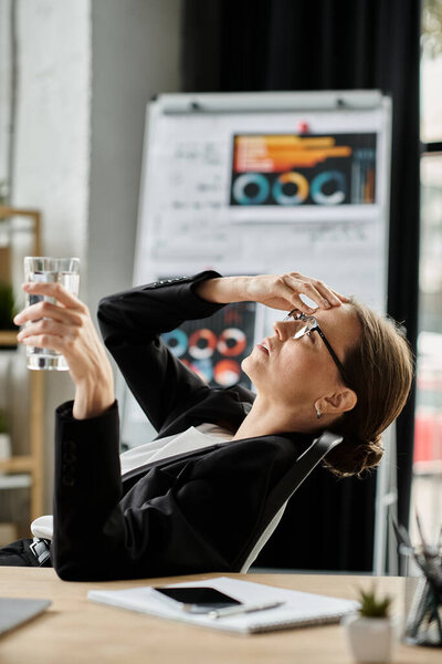 Middle-aged woman in business suit relaxing in front of computer screen, depression.