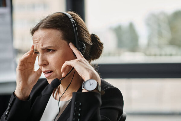 Middle-aged woman holding head in distress while wearing a headset.