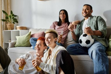 Diverse friends, including a loving lesbian couple, enjoying each others company on a cozy couch. clipart