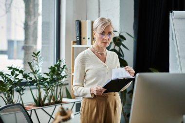 Middle-aged businesswoman with short hair stands in modern office, holding binder in front of computer. clipart