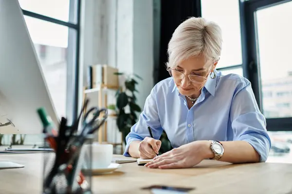 stock image A middle aged businesswoman with short hair sitting at a desk, deeply focused on writing on a piece of paper in her office.