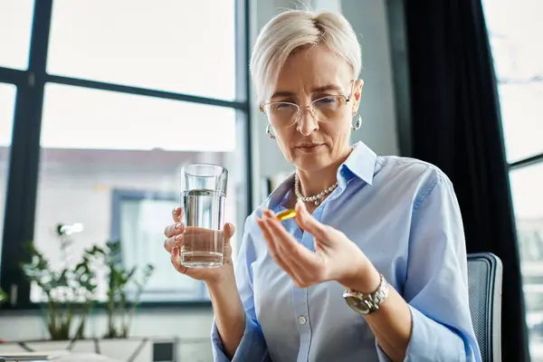 stock image A middle-aged businesswoman with short hair holds a glass of water and a pill in an office setting.