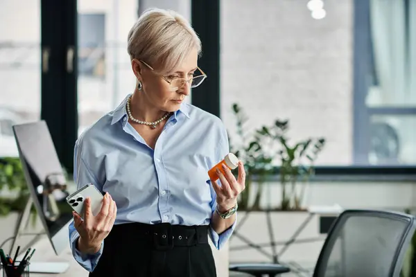 stock image Middle-aged businesswoman in blue shirt communicates using cell phone.