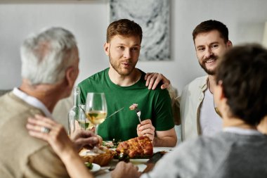 A gay couple shares a meal with parents at home. clipart