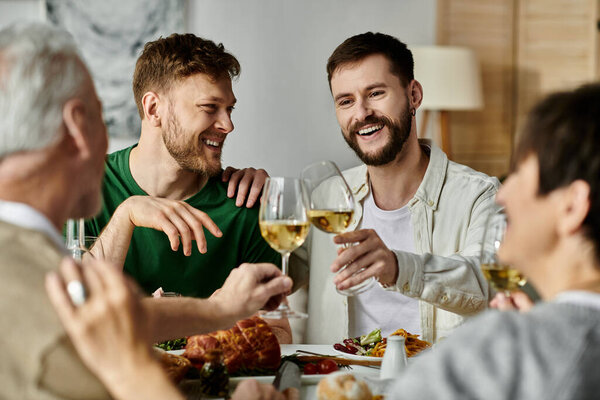 A gay couple enjoys a meal and drinks wine with parents.