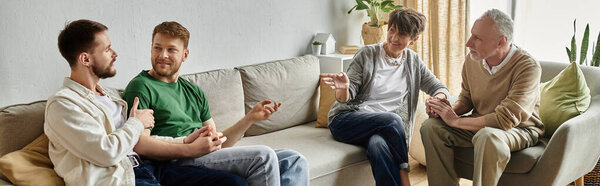 A gay couple sits on a couch talking to parents.