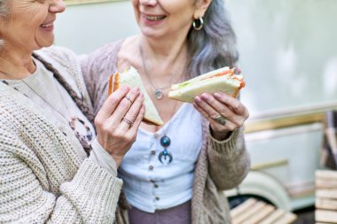 Two middle-aged women, dressed casually, share sandwiches while smiling at each other during a camping trip in the forest. clipart