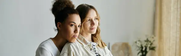 stock image Two women, a lesbian couple, relax together in their home.