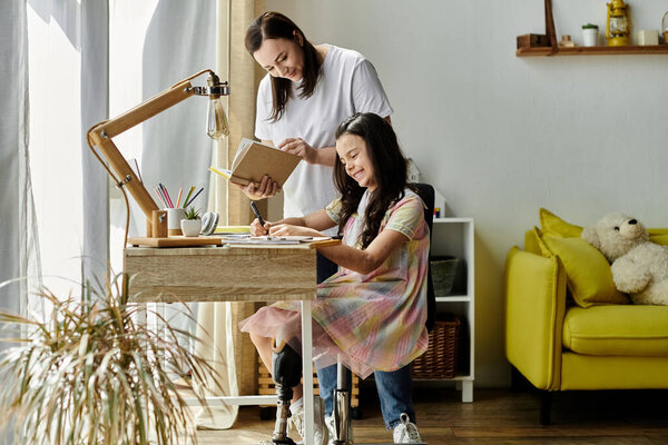 A mother and her daughter, who has a prosthetic leg, are spending quality time together at home.