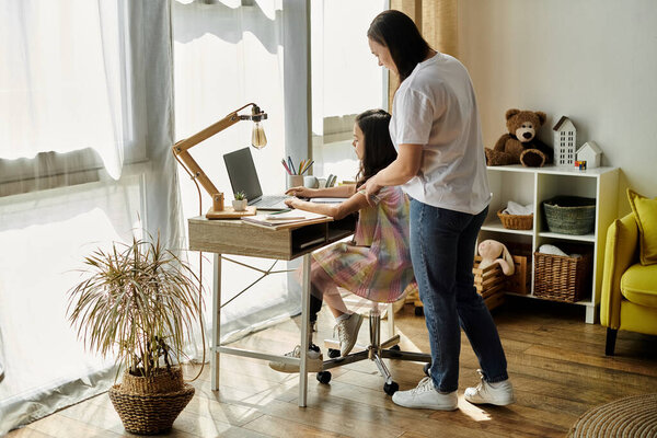 A brunette mother and her daughter, who has a prosthetic leg, are spending time together at home.