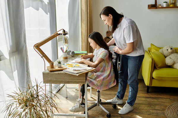 A brunette mother and her daughter, who has a prosthetic leg, spend time together at home.