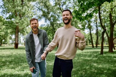 Two bearded gay men holding hands and laughing as they walk together in a green park. clipart