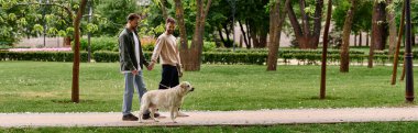 Sakallı eşcinsel bir çift, güneşli bir günde labrador av köpeğiyle yemyeşil bir parkta el ele yürür..