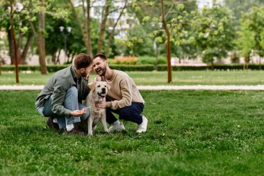 Sakallı eşcinsel bir çift güneşli bir günü labrador av köpeğiyle parkta geçirir..