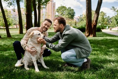 Sakallı eşcinsel bir çift güneşli bir günü labrador köpeğiyle parkta geçirir..