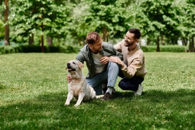 Sakallı ve günlük kıyafetleri olan eşcinsel bir çift güneşli bir günü labrador av köpekleri ile yeşil bir parkta geçirir..