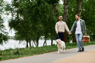 Sakallı eşcinsel bir çift labrador av köpeğiyle parktan el ele geçiyor. Bir piknik sepeti taşıyorlar ve güneşli bir günün tadını çıkarıyorlar..