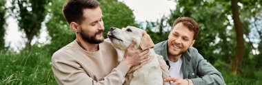 Sakallı eşcinsel bir çift yeşil bir parkta labrador köpeğiyle sevgi dolu bir anı paylaşıyor..