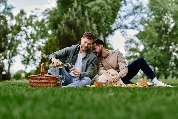 A bearded gay couple shares a picnic with their labrador dog in a lush green park, enjoying wine and laughter.