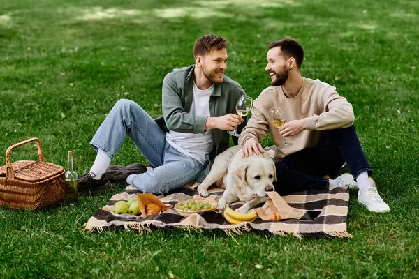 stock image A bearded gay couple enjoys a leisurely picnic with their labrador dog in a lush green park.