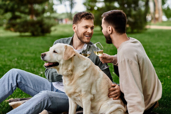 Бородатая гей-пара устраивает пикник со своей собакой-лабрадором в пышном зеленом парке. Они улыбаются и смеются, поднимая бокалы вина в тост.