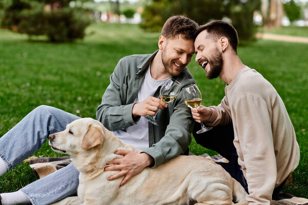 A gay couple enjoys a picnic in the park with their labrador retriever, sharing laughter and wine while enjoying the beautiful green surroundings.