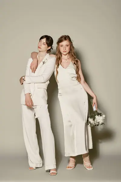 stock image Two young women in white wedding attire stand against a grey background.