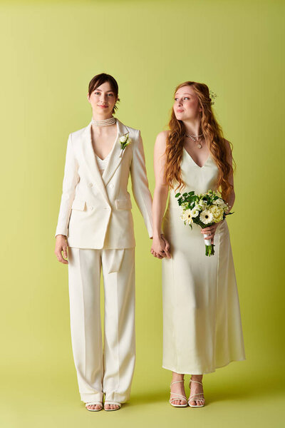 Two brides in white wedding attire stand hand-in-hand, radiating love and happiness against a green background.