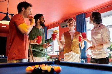 Friends hang out in a pool hall, enjoying a casual game of billiards and drinks. clipart