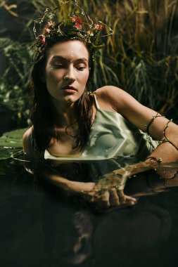 A woman with a flower crown poses in a swamp, her hand reaching out from the water. clipart